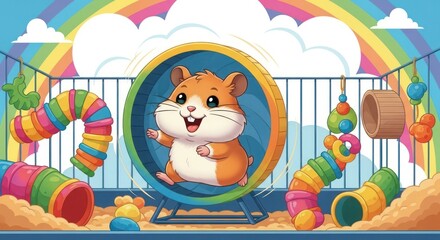 Happy cartoon hamster in wheel with colorful toys and rainbow