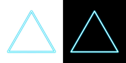 Light blue neon triangle glowing on transparent and black background
