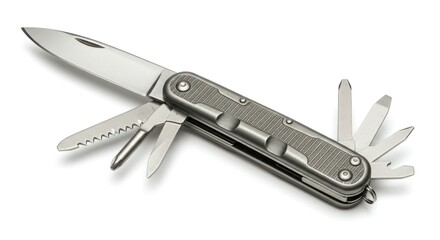 Multi-tool knife, gray metal, various blades