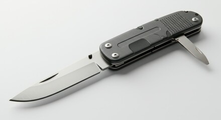 Gray multi-tool knife, blade extended, on white background