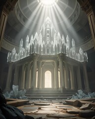 Create a 3D scene of a magnificent, ancient temple made of shimmering crystal, illuminated by cascading rays of sunlight.