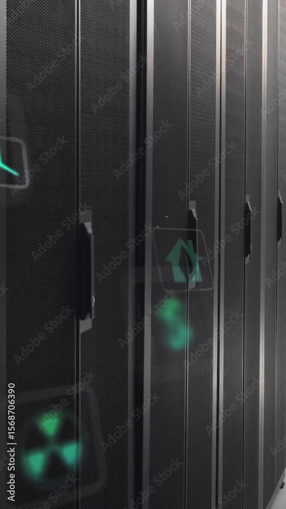 Poster animation of eco icons and data processing over computer servers