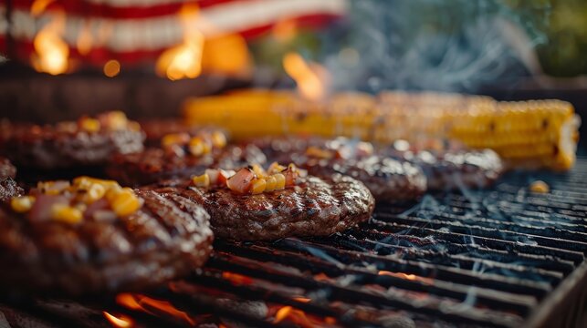 Grilled burgers and corn on the cob with american flag, celebrating summer fun and patriotism