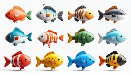Collection of Colorful Cartoon Fish: Isolated 3D Render Illustration