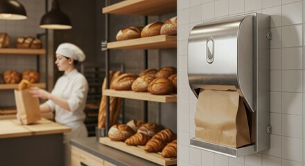 Bakery scene with hand towel dispenser. A baker bags bread