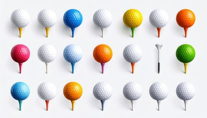 Colorful golf ball collection on tees, diverse arrangements, sporting goods, game equipment, flat lay, studio shot