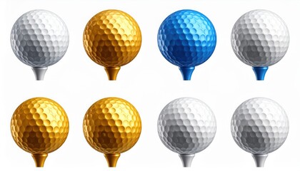 Colorful Golf Balls on Tees: Variety of Colors in Rows, White Background, Sport, Recreation, Competition, Close Up
