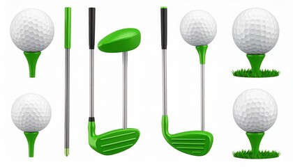 Golf Equipment Set Illustration: Green Club, Tee, and Ball on White Background