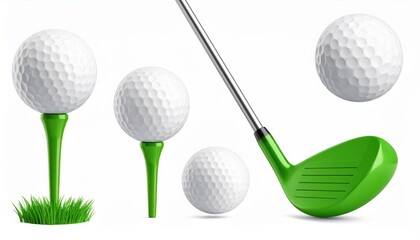 Isolated Golf Still Life: White Golf Balls, Green Tees, Club, and Grass Patch Against a Clean White Backdrop, Sport