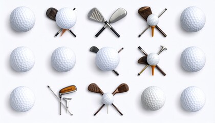 Golf balls and clubs arrangement on white backdrop, representing sport, hobby, competition, recreation, leisure, flat