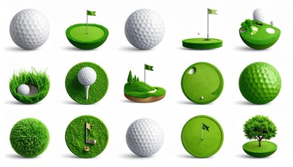 Collection of whimsical golf elements: isolated golf balls, greens, tees, flags and turfs against a white background