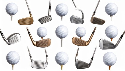Golf Equipment Pattern on White: Balls on Tees and Variety of Clubs