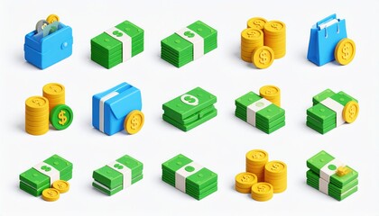 Isometric Money and Finance Icon Set: Cash, Coins, Wallets