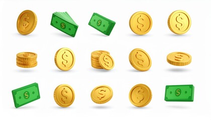 Gold Coins & Green Bills: 3D Money Icons on White