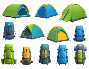 Camping Tents and Backpacks Isolated on White Background
