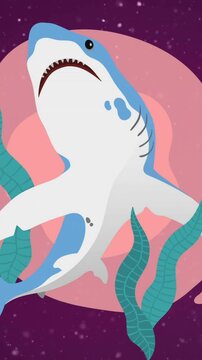 Animation of shark and water plant over particles on dark background