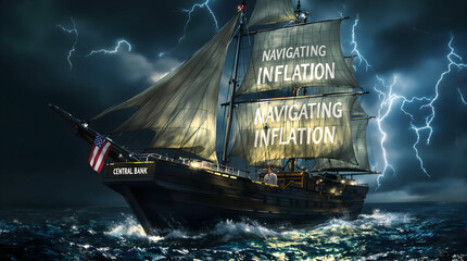 Ship sails through stormy seas with words on sails amidst lightning strikes in the dark night.