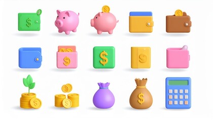 3D Rendered Financial Icons: Wallets, Piggy Banks, Money Bags, and Calculators