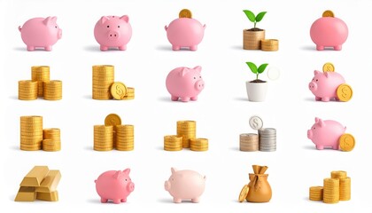 3D Render of Piggy Banks, Gold Ingots and Coin Stacks for Savings