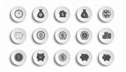 White Plates with Black Money Icons on White Background - Minimalist Concept