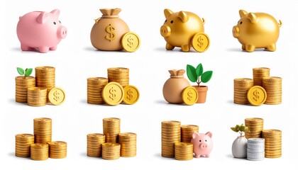 3D Rendered Money and Savings Concept: Piggy Banks, Coin Stacks, and Plants