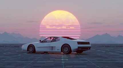 Bust statue and white car against a sunset with mountains in a retro synthwave aesthetic scene art - Powered by Adobe