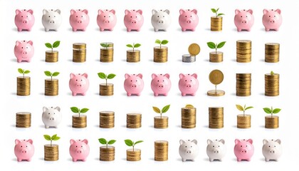 Piggy Banks and Coin Stacks: Financial Savings and Growth Concept on White