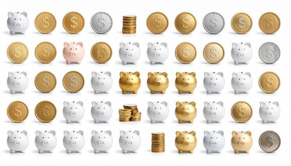 Arrangement of Piggy Banks and Coins on White - Financial Savings Concept