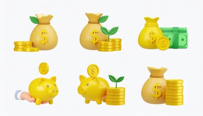 3D Rendered Money Bags and Piggy Bank Icons. Saving and Investment Concept.