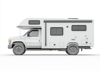 White Class B camper van, side view, isolated on white background.