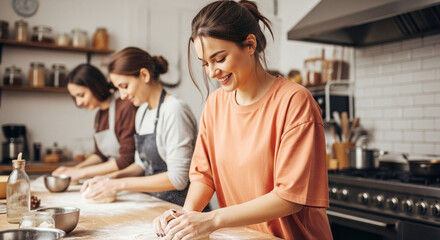 Joyful women kneading dough together in a modern kitchen, enjoying a baking class or home cooking experience