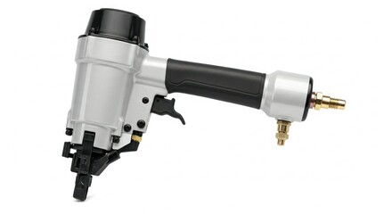 Close-up of a pneumatic nailer.  Gray and black components.  Tool angled to the right.  Isolated on white background