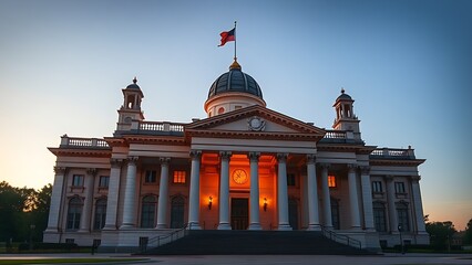 Obraz premium Majestic neoclassical architecture bathed in golden hour light at dusk.