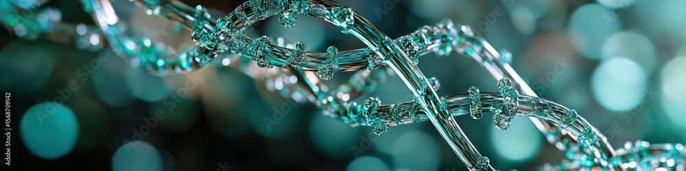 Poster digital rendering of a teal double helix structure