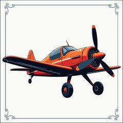Vibrant cartoon illustration of a classic red single-engine propeller plane, framed with a decorative border, for vintage aviation and travel themes.
