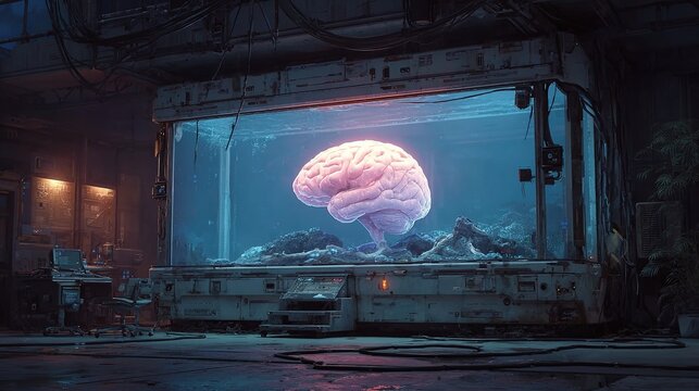 An interactive hologram of a human brain scan floats above a cyberpunk-style high-tech console, with purple and turquoise lighting, metallic textures, and dynamic volumetric light effects.