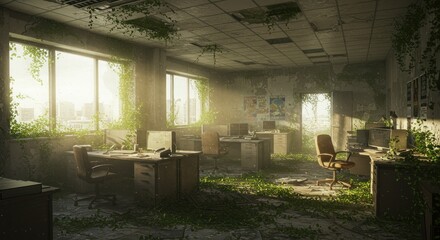 Sun-drenched, overgrown, abandoned office