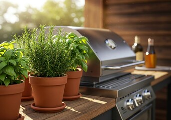 Outdoor kitchen with herbs and grill. Sunlight streams onto terracotta pots of rosemary and basil, positioned in front of a stainless steel grill. Wooden countertop and background