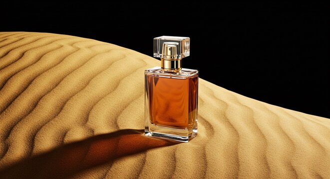 Elegant perfume bottle on a sand dune evoking luxury and desert mystique