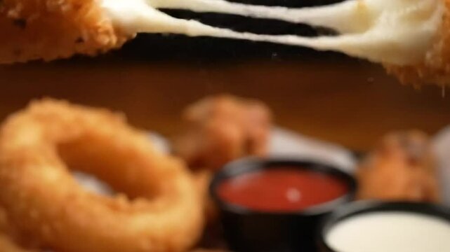 Close up shot of a mozzarella stick being pulled apart showing the cheese stretching with a blurry background