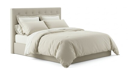 Beige upholstered bed with bedding