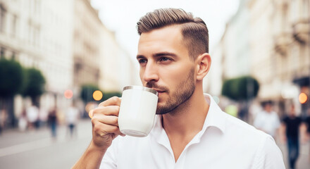 Thoughtful young man sips morning coffee on a vibrant city street, embracing urban lifestyle and a moment of peace.