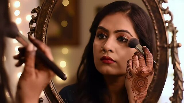 Woman applying makeup in front of mirror