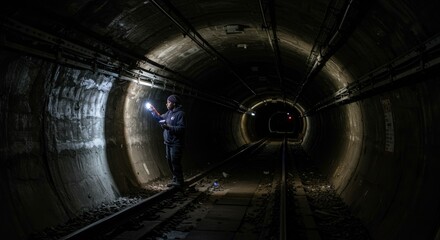 A lone figure in a dark subway tunnel