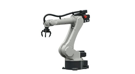 Industrial robotic arm, light gray and dark gray, isolated on white background
