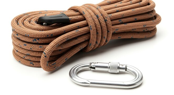 Coiled climbing rope and metal carabiner on white background