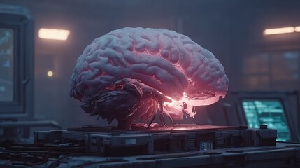 An interactive hologram of a human brain scan floats above a cyberpunk-style high-tech console, with purple and turquoise lighting, metallic textures, and dynamic volumetric light effects.