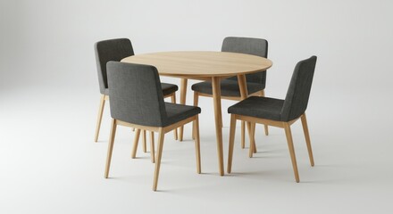 Round light wood dining table with four dark gray chairs