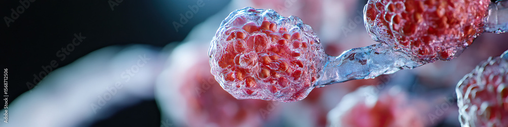 Poster microscopic image: translucent structures connecting raspberry-like aggregates
