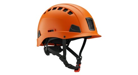 Orange safety helmet with vents and black attachments